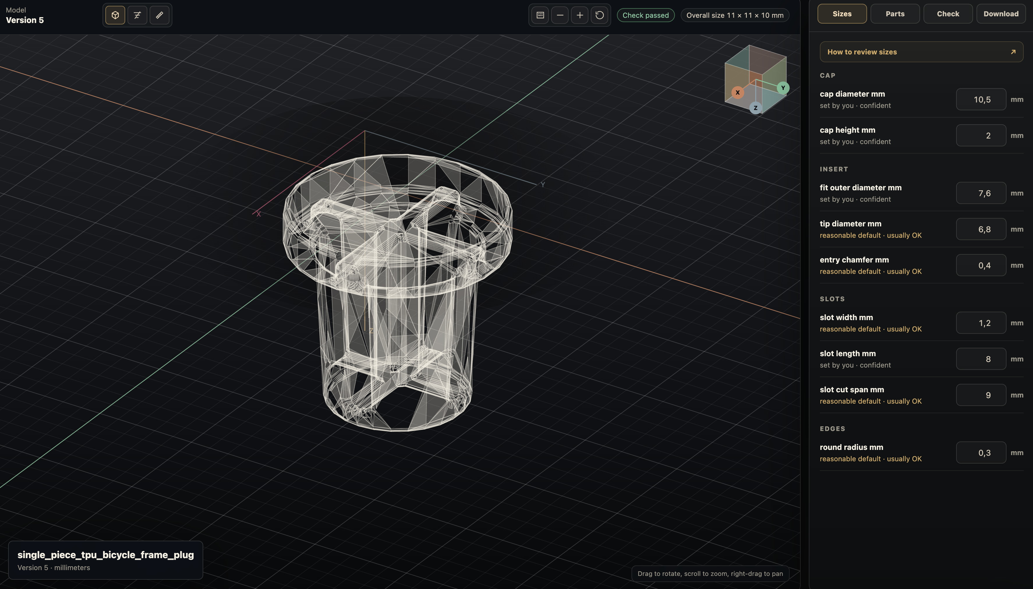 PurCad viewport showing the generated bicycle-frame plug and its editable size parameters
