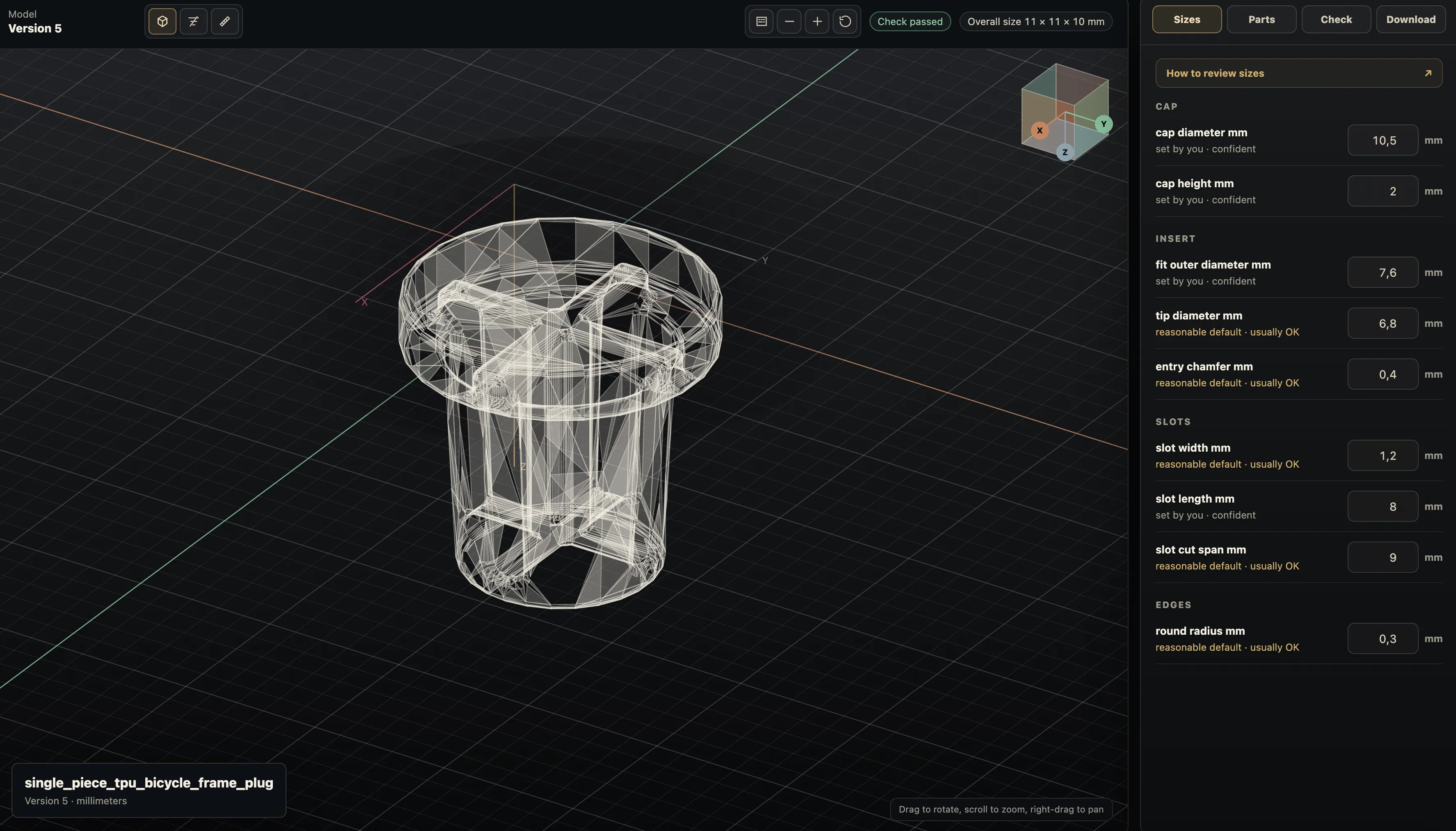 PurCad viewport showing the generated bicycle-frame plug and its editable parameters