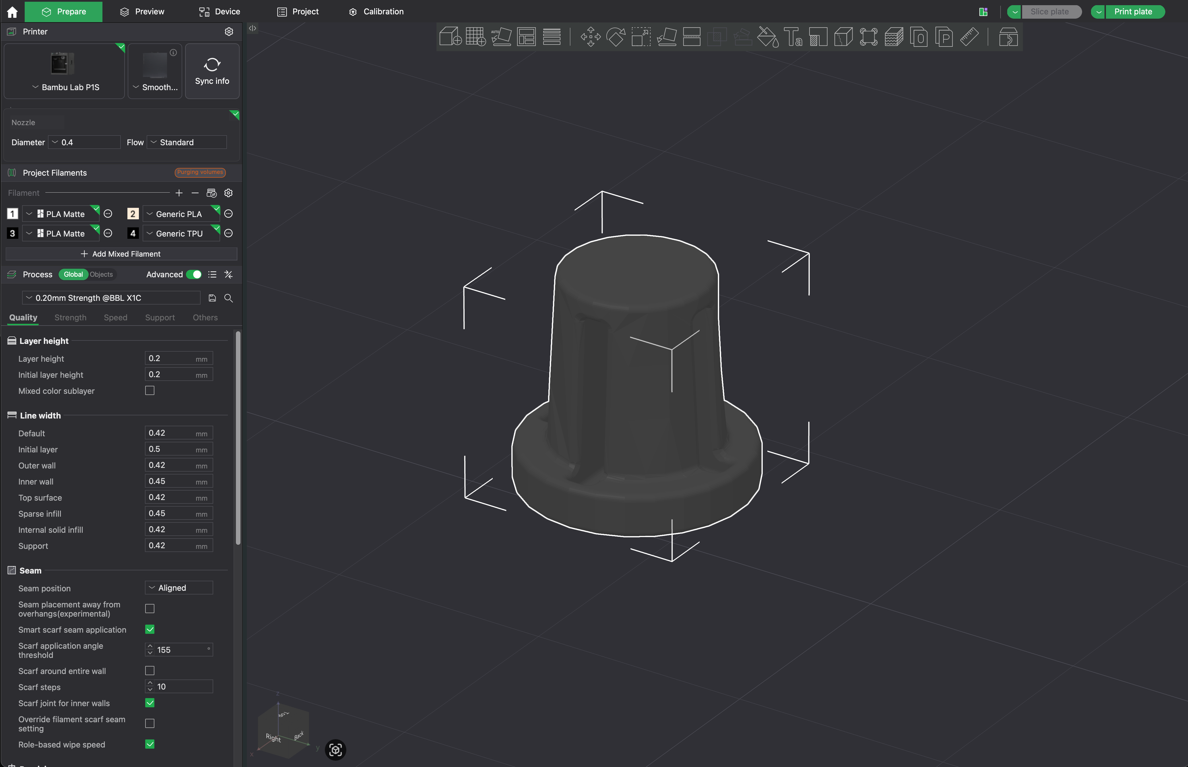Slicer preview of the bicycle-frame TPU plug standing cap-down