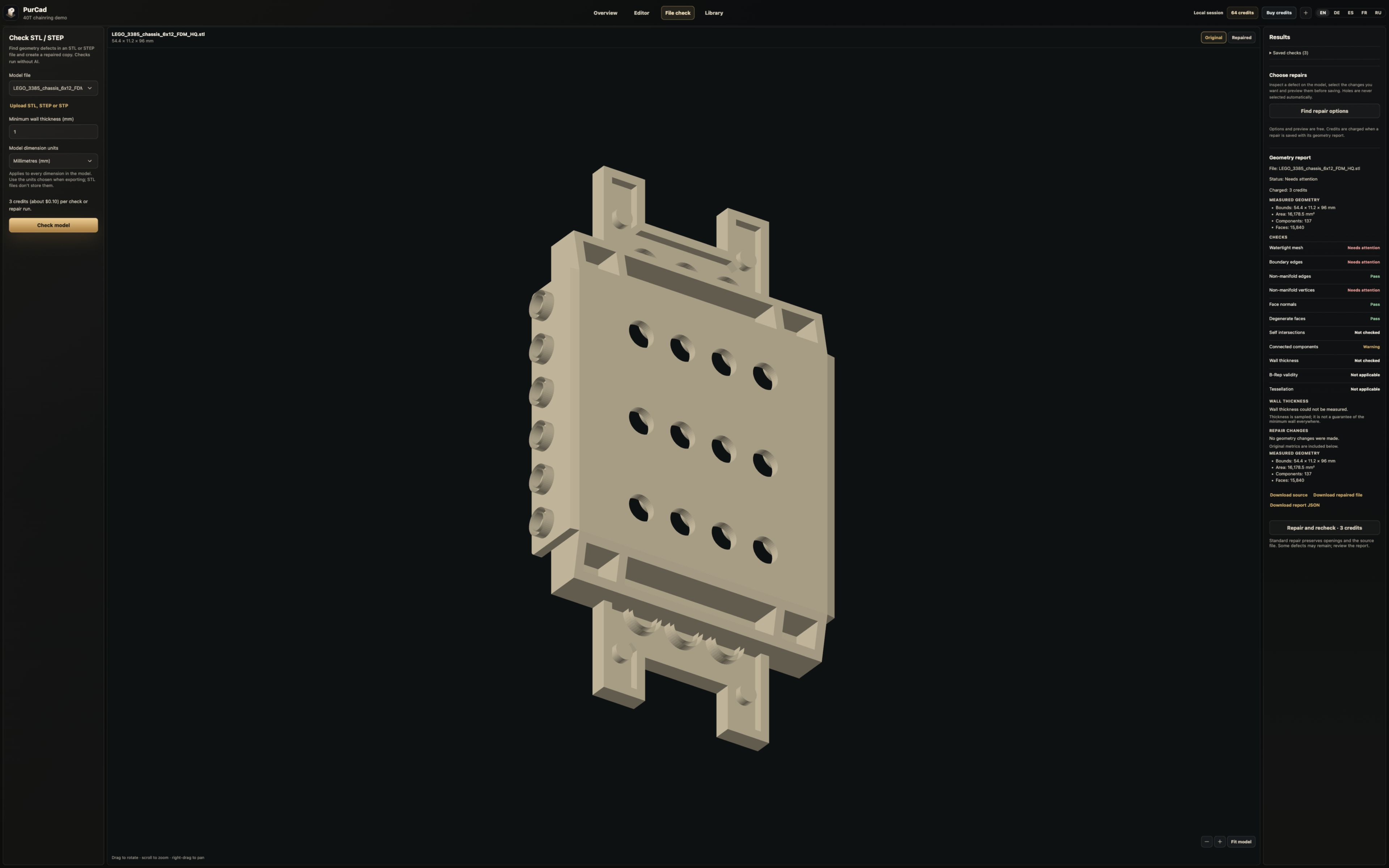PurCad checking an STL chassis: 3D model, dimensions and individual validation results