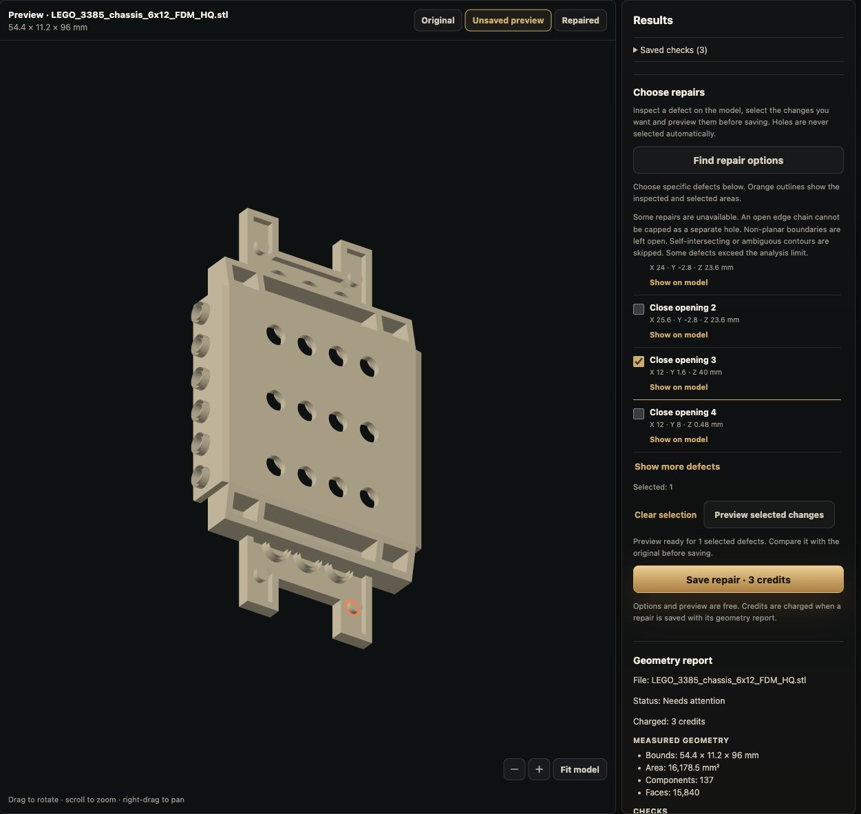 PurCad showing an unsaved preview of the selected STL repair with a separate save action
