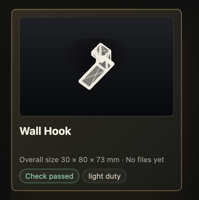Wall Hook project card showing overall size, check status and risk class
