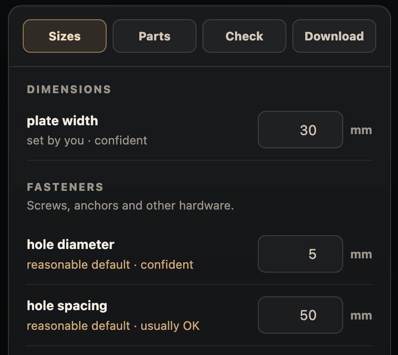 Sizes tab with plate width, hole diameter and hole spacing